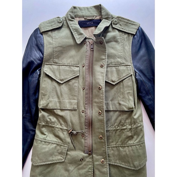 VEDA Army / Military Jacket with Leather Sleeves - Picture 2 of 9
